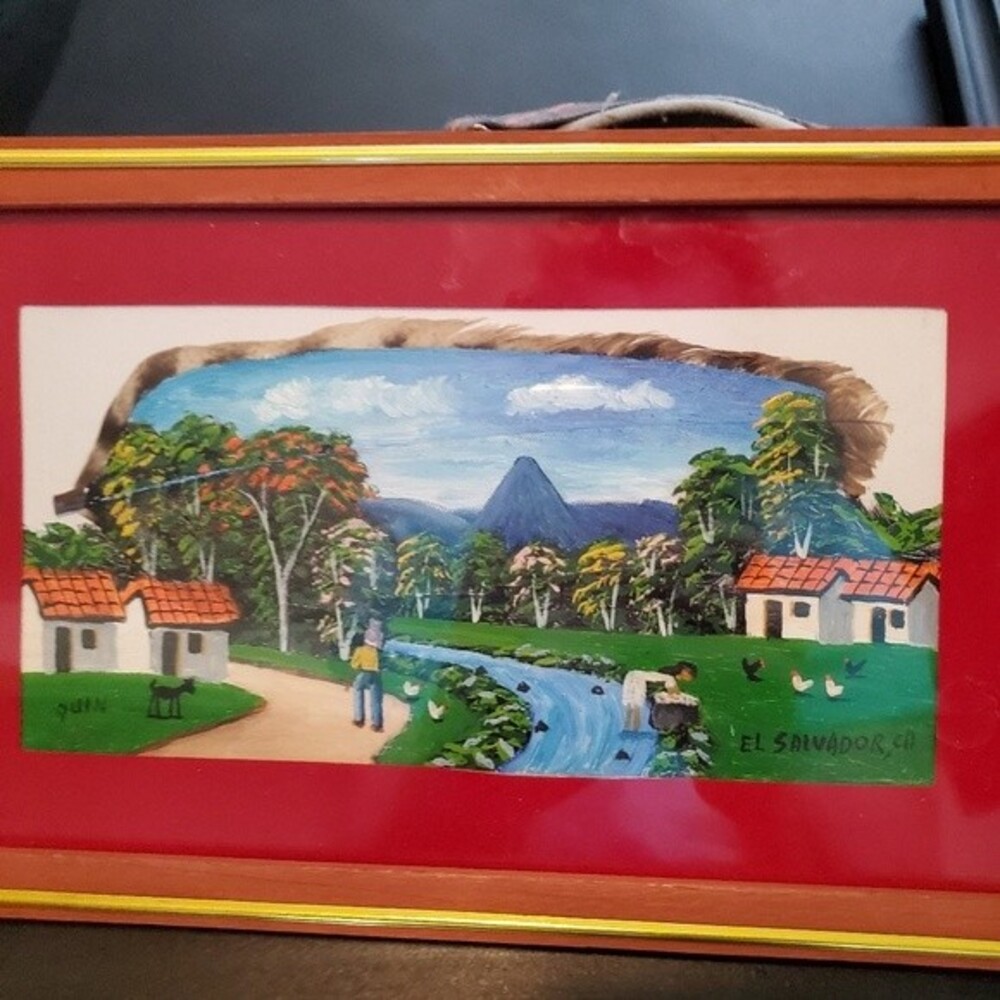 Signed Quin El Salvador Feather Painting Framed Rural Village Folk Art